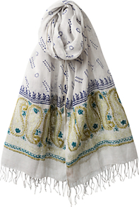 Paisley Embellished Border Scarf, Multi - predominant colour: white; occasions: casual, evening, work, holiday; type of pattern: standard; style: regular; size: standard; material: fabric; embellishment: embroidered; pattern: paisley