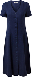 Button Front Linen Dress, Royal Blue - style: shift; length: below the knee; neckline: low v-neck; pattern: plain; bust detail: buttons at bust (in middle at breastbone)/zip detail at bust; predominant colour: navy; occasions: casual; fit: soft a-line; fibres: linen - 100%; hip detail: soft pleats at hip/draping at hip/flared at hip; sleeve length: short sleeve; sleeve style: standard; texture group: linen; pattern type: fabric