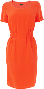 Pure Silk Gathered Waist Dress, Red - style: shift; neckline: round neck; fit: fitted at waist; pattern: plain; waist detail: elasticated waist; bust detail: ruching/gathering/draping/layers/pintuck pleats at bust; predominant colour: bright orange; occasions: casual, evening, work, holiday; length: just above the knee; fibres: silk - 100%; hip detail: soft pleats at hip/draping at hip/flared at hip; back detail: longer hem at back than at front; sleeve length: short sleeve; sleeve style: standard; texture group: cotton feel fabrics; trends: glamorous day shifts; pattern type: fabric; pattern size: standard