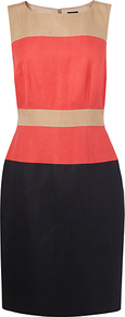 Silk Linen Colour Block Dress, Pink - style: shift; neckline: round neck; fit: tailored/fitted; sleeve style: sleeveless; predominant colour: coral; occasions: casual, evening, work, occasion; length: just above the knee; fibres: linen - mix; waist detail: narrow waistband; sleeve length: sleeveless; texture group: linen; trends: glamorous day shifts; pattern type: fabric; pattern size: standard; pattern: colourblock
