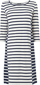 Bodycon Striped Jersey Dress, Navy - style: t-shirt; neckline: round neck; pattern: horizontal stripes; predominant colour: ivory; secondary colour: navy; occasions: casual; length: just above the knee; fit: body skimming; fibres: cotton - stretch; sleeve length: 3/4 length; sleeve style: standard; pattern type: fabric; pattern size: standard; texture group: jersey - stretchy/drapey