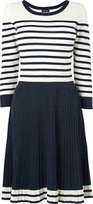 Breton Pleated Knit Dress, Navy - neckline: round neck; pattern: horizontal stripes; waist detail: fitted waist; secondary colour: ivory; predominant colour: navy; occasions: casual, work, holiday; length: just above the knee; fit: fitted at waist & bust; style: fit & flare; fibres: cotton - 100%; hip detail: contrast fabric/print detail at hip; sleeve length: 3/4 length; sleeve style: standard; pattern type: fabric; pattern size: standard; texture group: jersey - stretchy/drapey