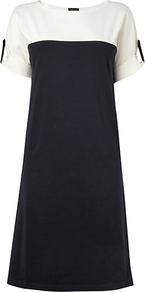 Colour Block Jersey Dress, Navy - style: shift; neckline: round neck; pattern: plain; shoulder detail: contrast pattern/fabric at shoulder; secondary colour: white; predominant colour: navy; occasions: casual; length: on the knee; fit: soft a-line; fibres: cotton - stretch; sleeve length: short sleeve; sleeve style: standard; pattern type: fabric; texture group: jersey - stretchy/drapey