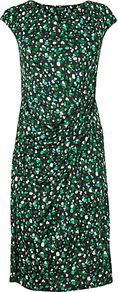 Print Twist Dress, Green - style: shift; neckline: round neck; sleeve style: capped; waist detail: twist front waist detail/nipped in at waist on one side/soft pleats/draping/ruching/gathering waist detail; predominant colour: emerald green; secondary colour: black; occasions: evening; length: on the knee; fit: body skimming; fibres: viscose/rayon - 100%; sleeve length: sleeveless; pattern type: fabric; pattern size: small & busy; pattern: patterned/print; texture group: jersey - stretchy/drapey