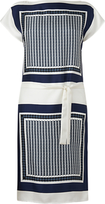 Scarf Print Dress, Ivory - style: tunic; neckline: slash/boat neckline; waist detail: belted waist/tie at waist/drawstring; predominant colour: ivory; secondary colour: navy; occasions: evening; length: just above the knee; fit: straight cut; fibres: silk - 100%; sleeve length: short sleeve; sleeve style: standard; texture group: silky - light; pattern type: fabric; pattern size: big & busy; pattern: patterned/print