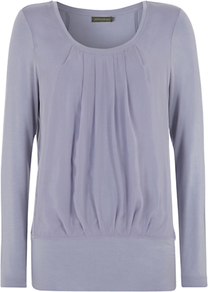 Silk Panel Jersey T Shirt, Blue - neckline: round neck; pattern: plain; style: blouson; predominant colour: denim; occasions: casual; length: standard; fibres: viscose/rayon - stretch; fit: loose; sleeve length: long sleeve; sleeve style: standard; texture group: silky - light; bust detail: tiers/frills/bulky drapes/pleats; pattern type: fabric