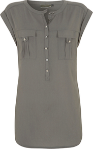 Military Blouse, Green Khaki - neckline: round neck; sleeve style: capped; pattern: plain; bust detail: buttons at bust (in middle at breastbone)/zip detail at bust; predominant colour: khaki; occasions: casual; length: standard; style: top; fit: straight cut; sleeve length: short sleeve; pattern type: fabric; texture group: jersey - stretchy/drapey; fibres: viscose/rayon - mix