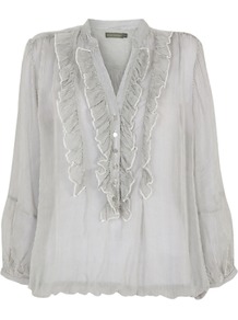 Striped Blouse, Ivory/Grey - pattern: pinstripe; sleeve style: balloon; style: blouse; secondary colour: ivory; predominant colour: light grey; occasions: casual, evening; length: standard; neckline: mandarin with v-neck; fibres: viscose/rayon - 100%; fit: loose; sleeve length: long sleeve; texture group: sheer fabrics/chiffon/organza etc.; bust detail: tiers/frills/bulky drapes/pleats; pattern type: fabric; pattern size: small & light