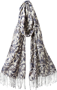 Abida Print Scarf, Light Jute - predominant colour: ivory; secondary colour: denim; occasions: casual; style: regular; size: standard; embellishment: fringing; pattern: florals