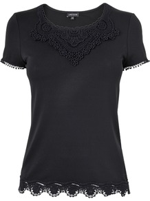 Lace Neck Detail Top - neckline: round neck; pattern: plain; bust detail: added detail/embellishment at bust; style: t-shirt; predominant colour: black; occasions: casual; length: standard; fibres: polyester/polyamide - stretch; fit: body skimming; sleeve length: short sleeve; sleeve style: standard; pattern type: fabric; texture group: jersey - stretchy/drapey; embellishment: lace