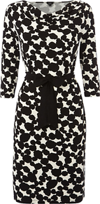 Soho Dress, Black/Ivory - style: shift; waist detail: belted waist/tie at waist/drawstring; bust detail: ruching/gathering/draping/layers/pintuck pleats at bust; secondary colour: white; predominant colour: black; occasions: evening, work, occasion; length: just above the knee; fit: body skimming; fibres: viscose/rayon - stretch; neckline: crew; sleeve length: 3/4 length; sleeve style: standard; trends: statement prints; pattern type: fabric; pattern size: standard; pattern: patterned/print; texture group: jersey - stretchy/drapey