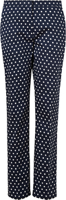 Spotty Ankle Trousers, Navy - pattern: polka dot; waist: mid/regular rise; secondary colour: white; predominant colour: navy; occasions: casual, evening, occasion; length: ankle length; fibres: cotton - stretch; fit: slim leg; pattern type: fabric; pattern size: small & busy; texture group: woven light midweight; style: standard