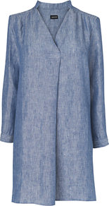 Linen Tunic Top, Chambray - pattern: plain; style: tunic; predominant colour: denim; occasions: casual; neckline: mandarin with v-neck; fibres: linen - 100%; fit: loose; length: mid thigh; sleeve length: long sleeve; sleeve style: standard; texture group: linen; pattern type: fabric