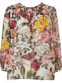 Lissy Blouse, Multi - neckline: v-neck; sleeve style: balloon; style: blouse; occasions: casual; length: standard; fibres: polyester/polyamide - 100%; fit: straight cut; predominant colour: multicoloured; sleeve length: 3/4 length; texture group: sheer fabrics/chiffon/organza etc.; pattern type: fabric; pattern size: standard; pattern: florals
