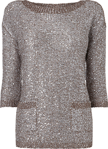 Megan Jumper, Natural - neckline: slash/boat neckline; pattern: plain; length: below the bottom; hip detail: front pockets at hip; style: standard; predominant colour: silver; occasions: casual; fibres: polyester/polyamide - mix; fit: standard fit; sleeve length: 3/4 length; sleeve style: standard; texture group: knits/crochet; pattern type: knitted - other; embellishment: sequins
