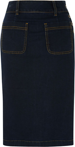 Nadine Skirt, Indigo - pattern: plain; style: pencil; fit: tailored/fitted; hip detail: front pockets at hip; waist: high rise; predominant colour: navy; occasions: casual; length: on the knee; fibres: cotton - mix; texture group: denim; pattern type: fabric