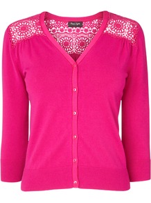 Sabina Lace Cardigan, Cerise - neckline: v-neck; pattern: plain; shoulder detail: contrast pattern/fabric at shoulder; back detail: contrast pattern/fabric at back; predominant colour: hot pink; occasions: casual, work, occasion; length: standard; style: standard; fit: slim fit; sleeve length: 3/4 length; sleeve style: standard; texture group: knits/crochet; pattern type: knitted - fine stitch; fibres: viscose/rayon - mix; embellishment: lace