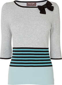 Priscilla Jumper, Mint - neckline: slash/boat neckline; pattern: horizontal stripes; style: standard; secondary colour: mint green; predominant colour: light grey; occasions: casual, work; length: standard; fit: slim fit; shoulder detail: added shoulder detail; sleeve length: 3/4 length; sleeve style: standard; texture group: knits/crochet; pattern type: knitted - fine stitch; pattern size: big & light; fibres: viscose/rayon - mix