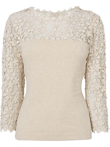 Suzy Jumper, Cream - pattern: plain; style: standard; shoulder detail: contrast pattern/fabric at shoulder; back detail: contrast pattern/fabric at back; predominant colour: ivory; occasions: casual; length: standard; fibres: cotton - mix; fit: slim fit; neckline: crew; bust detail: contrast pattern/fabric/detail at bust; sleeve length: 3/4 length; sleeve style: standard; texture group: knits/crochet; pattern type: knitted - fine stitch; embellishment: lace