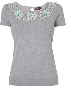 Lu Lu Top, Grey - neckline: round neck; pattern: plain; bust detail: added detail/embellishment at bust; style: t-shirt; predominant colour: light grey; occasions: casual; length: standard; fit: body skimming; back detail: keyhole/peephole detail at back; sleeve length: short sleeve; sleeve style: standard; pattern type: fabric; texture group: jersey - stretchy/drapey; embellishment: beading; fibres: viscose/rayon - mix