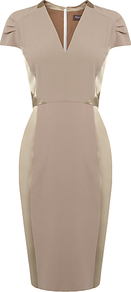 Elouise Crepe Dress, Mink - style: shift; neckline: v-neck; sleeve style: capped; fit: tailored/fitted; pattern: plain; waist detail: fitted waist; predominant colour: taupe; occasions: evening, work, occasion; length: on the knee; fibres: polyester/polyamide - mix; sleeve length: short sleeve; texture group: structured shiny - satin/tafetta/silk etc.; trends: glamorous day shifts; pattern type: fabric