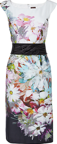 Bloom Belted Dress, Multi - style: shift; sleeve style: capped; fit: tailored/fitted; waist detail: wide waistband/cummerbund; predominant colour: white; secondary colour: black; occasions: evening, occasion; length: just above the knee; fibres: cotton - stretch; neckline: crew; sleeve length: short sleeve; texture group: cotton feel fabrics; pattern type: fabric; pattern size: big & busy; pattern: florals