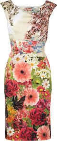 Flora Dress, Multi - style: shift; neckline: round neck; fit: tailored/fitted; sleeve style: sleeveless; waist detail: fitted waist; predominant colour: white; secondary colour: pink; occasions: evening, occasion; length: just above the knee; fibres: cotton - stretch; sleeve length: sleeveless; texture group: cotton feel fabrics; trends: high impact florals; pattern type: fabric; pattern size: big & busy; pattern: florals