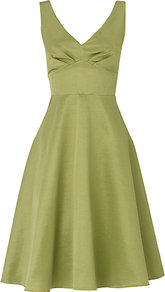 Contessa Dress, Leaf - neckline: low v-neck; pattern: plain; sleeve style: sleeveless; style: prom dress; waist detail: wide waistband/cummerbund; back detail: low cut/open back; bust detail: ruching/gathering/draping/layers/pintuck pleats at bust; predominant colour: lime; occasions: evening, occasion; length: on the knee; fit: fitted at waist & bust; fibres: cotton - mix; hip detail: soft pleats at hip/draping at hip/flared at hip; sleeve length: sleeveless; texture group: structured shiny - satin/tafetta/silk etc.; trends: volume; pattern type: fabric