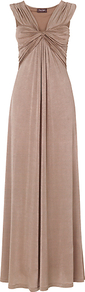 Opera Full Length Dress, Mink - style: empire line; neckline: v-neck; fit: empire; pattern: plain; sleeve style: sleeveless; waist detail: twist front waist detail/nipped in at waist on one side/soft pleats/draping/ruching/gathering waist detail; bust detail: ruching/gathering/draping/layers/pintuck pleats at bust; predominant colour: taupe; occasions: evening, occasion; length: floor length; fibres: polyester/polyamide - mix; sleeve length: sleeveless; pattern type: fabric; texture group: jersey - stretchy/drapey