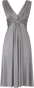 Aria Dress, Pewter - style: empire line; neckline: low v-neck; fit: empire; pattern: plain; sleeve style: sleeveless; waist detail: twist front waist detail/nipped in at waist on one side/soft pleats/draping/ruching/gathering waist detail; bust detail: knot twist front detail at bust; predominant colour: mid grey; occasions: evening, occasion; length: just above the knee; fibres: polyester/polyamide - mix; shoulder detail: flat/draping pleats/ruching/gathering at shoulder; sleeve length: sleeveless; texture group: silky - light; pattern type: fabric