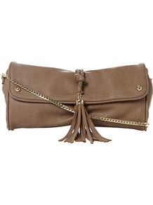 Eplait Tasseled Clutch Bag - predominant colour: taupe; occasions: casual, evening, work; type of pattern: standard; style: clutch; length: hand carry; size: small; material: faux leather; embellishment: tassels; pattern: plain; finish: plain