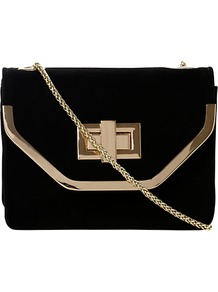 Ednas Suede Flapover Front Metal Trim Clutch Bag, Black - secondary colour: gold; predominant colour: black; occasions: evening; type of pattern: standard; style: clutch; length: hand carry; size: small; material: suede; pattern: plain; finish: plain; embellishment: chain/metal