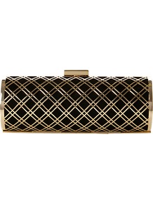 Bashment Suede Metal Grid Clutch Bag, Black - secondary colour: gold; predominant colour: black; occasions: evening, occasion; type of pattern: large; style: clutch; length: hand carry; size: small; material: suede; pattern: checked/gingham; finish: plain; embellishment: chain/metal
