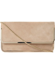 Bavy Suede Flap Over Front Clutch Bag - predominant colour: nude; occasions: evening, occasion; type of pattern: standard; style: clutch; length: hand carry; size: small; material: suede; pattern: plain; finish: plain; embellishment: chain/metal