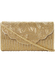 Egical Beaded Flap Over Front Clutch Bag - predominant colour: gold; occasions: evening, occasion; type of pattern: light; style: clutch; length: hand carry; size: small; material: fabric; embellishment: beading; pattern: plain; trends: metallics; finish: metallic