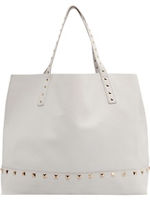 Studded Shopper Handbag, White - predominant colour: white; occasions: casual, work, holiday; type of pattern: standard; style: tote; length: handle; size: oversized; material: faux leather; embellishment: studs; pattern: plain; finish: plain