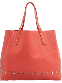 Studded Shopper Handbag, Coral - predominant colour: coral; occasions: casual, work, holiday; type of pattern: standard; style: tote; length: handle; size: oversized; material: faux leather; embellishment: studs; pattern: plain; finish: plain