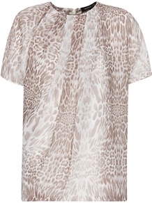 Animal Print Sheer Top, Mystery - bust detail: ruching/gathering/draping/layers/pintuck pleats at bust; predominant colour: camel; occasions: casual; length: standard; style: top; fibres: polyester/polyamide - 100%; fit: body skimming; neckline: crew; sleeve length: short sleeve; sleeve style: standard; pattern type: fabric; pattern size: small & busy; pattern: animal print; texture group: jersey - stretchy/drapey