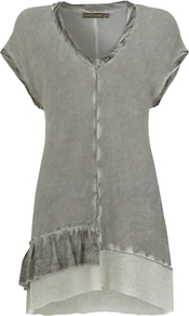 Ruffle Hem Tunic, Green Khaki - neckline: low v-neck; sleeve style: capped; pattern: plain; length: below the bottom; style: tunic; predominant colour: sage; secondary colour: light grey; occasions: casual, holiday; fibres: viscose/rayon - 100%; fit: body skimming; sleeve length: short sleeve; pattern type: fabric; texture group: jersey - stretchy/drapey