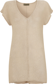 Sequin Front Knitted Top, Neutrals - neckline: v-neck; pattern: plain; length: below the bottom; predominant colour: stone; occasions: casual, evening; style: top; fibres: polyester/polyamide - mix; fit: body skimming; back detail: longer hem at back than at front; sleeve length: short sleeve; sleeve style: standard; texture group: knits/crochet; pattern type: knitted - fine stitch; embellishment: sequins