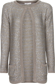 Sequined Long Cardigan, Grey - pattern: plain; length: below the bottom; neckline: collarless open; style: open front; predominant colour: mid grey; occasions: casual, evening; fibres: polyester/polyamide - mix; fit: standard fit; sleeve length: long sleeve; sleeve style: standard; texture group: knits/crochet; pattern type: knitted - other; embellishment: sequins