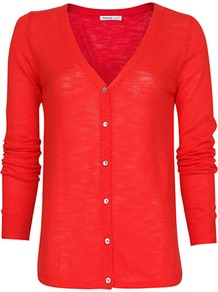 Devoré Knit Cardigan, Coral - neckline: v-neck; pattern: plain; bust detail: buttons at bust (in middle at breastbone)/zip detail at bust; predominant colour: coral; occasions: casual, work; length: standard; style: standard; fibres: cotton - mix; fit: standard fit; sleeve length: long sleeve; sleeve style: standard; texture group: knits/crochet; pattern type: knitted - other