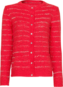 Striped Chunky Knit Cardigan, Coral - neckline: round neck; pattern: horizontal stripes; predominant colour: coral; occasions: casual; length: standard; style: standard; fibres: acrylic - 100%; fit: standard fit; sleeve length: long sleeve; sleeve style: standard; texture group: knits/crochet; pattern type: knitted - other