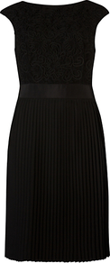Lace Detail Button Back Dress - style: shift; neckline: slash/boat neckline; sleeve style: capped; fit: tailored/fitted; pattern: plain; bust detail: added detail/embellishment at bust; back detail: low cut/open back; predominant colour: black; occasions: evening, occasion; length: just above the knee; fibres: polyester/polyamide - mix; hip detail: soft pleats at hip/draping at hip/flared at hip; waist detail: narrow waistband; sleeve length: sleeveless; texture group: lace; pattern type: fabric