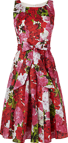 Geranium Print Dress, Multi - length: below the knee; sleeve style: standard vest straps/shoulder straps; waist detail: belted waist/tie at waist/drawstring; fit: fitted at waist & bust; style: fit & flare; neckline: scoop; fibres: polyester/polyamide - 100%; occasions: occasion; hip detail: soft pleats at hip/draping at hip/flared at hip; predominant colour: multicoloured; sleeve length: sleeveless; trends: high impact florals; pattern type: fabric; pattern size: big & busy; pattern: florals; texture group: other - light to midweight