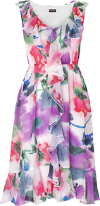 Vida Floral Dress, Multi - style: tea dress; length: below the knee; neckline: v-neck; fit: fitted at waist; sleeve style: sleeveless; waist detail: elasticated waist; bust detail: ruching/gathering/draping/layers/pintuck pleats at bust; fibres: silk - 100%; occasions: occasion; predominant colour: multicoloured; sleeve length: sleeveless; texture group: silky - light; trends: high impact florals, sculptural frills; hip detail: ruffles/tiers/tie detail at hip; pattern type: fabric; pattern size: big & busy; pattern: florals