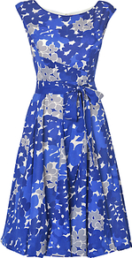 Carianne Dress, Blue/White - neckline: round neck; sleeve style: sleeveless; style: full skirt; waist detail: belted waist/tie at waist/drawstring; predominant colour: royal blue; secondary colour: light grey; occasions: evening, occasion; length: on the knee; fit: fitted at waist & bust; fibres: cotton - 100%; sleeve length: sleeveless; texture group: silky - light; pattern type: fabric; pattern size: big & busy; pattern: patterned/print