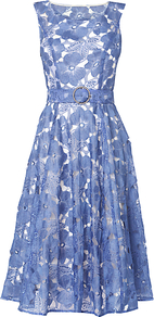 Dorothy Dress, Cornflower - neckline: round neck; sleeve style: sleeveless; style: full skirt; waist detail: belted waist/tie at waist/drawstring; secondary colour: white; predominant colour: denim; occasions: evening, occasion; length: on the knee; fit: fitted at waist & bust; fibres: nylon - 100%; sleeve length: sleeveless; pattern type: fabric; pattern size: standard; pattern: patterned/print; texture group: other - light to midweight