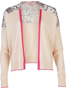 Bev Safari Print Top, Shell - sleeve style: dolman/batwing; neckline: collarless open; shoulder detail: contrast pattern/fabric at shoulder; back detail: contrast pattern/fabric at back; style: open front; secondary colour: hot pink; predominant colour: nude; occasions: casual; length: standard; fit: standard fit; sleeve length: long sleeve; texture group: knits/crochet; trends: statement prints; pattern type: knitted - fine stitch; pattern size: big & light; pattern: patterned/print; fibres: viscose/rayon - mix