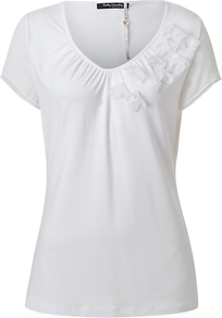 Ruched V Neck T Shirt - neckline: v-neck; pattern: plain; bust detail: added detail/embellishment at bust; length: below the bottom; style: t-shirt; predominant colour: white; occasions: casual, work; fibres: viscose/rayon - stretch; fit: body skimming; sleeve length: short sleeve; sleeve style: standard; pattern type: fabric; texture group: jersey - stretchy/drapey; embellishment: applique